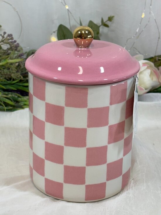 Other - Pink and White Checkered Ceramic Canister Jar Courtly Check Gold Knob New